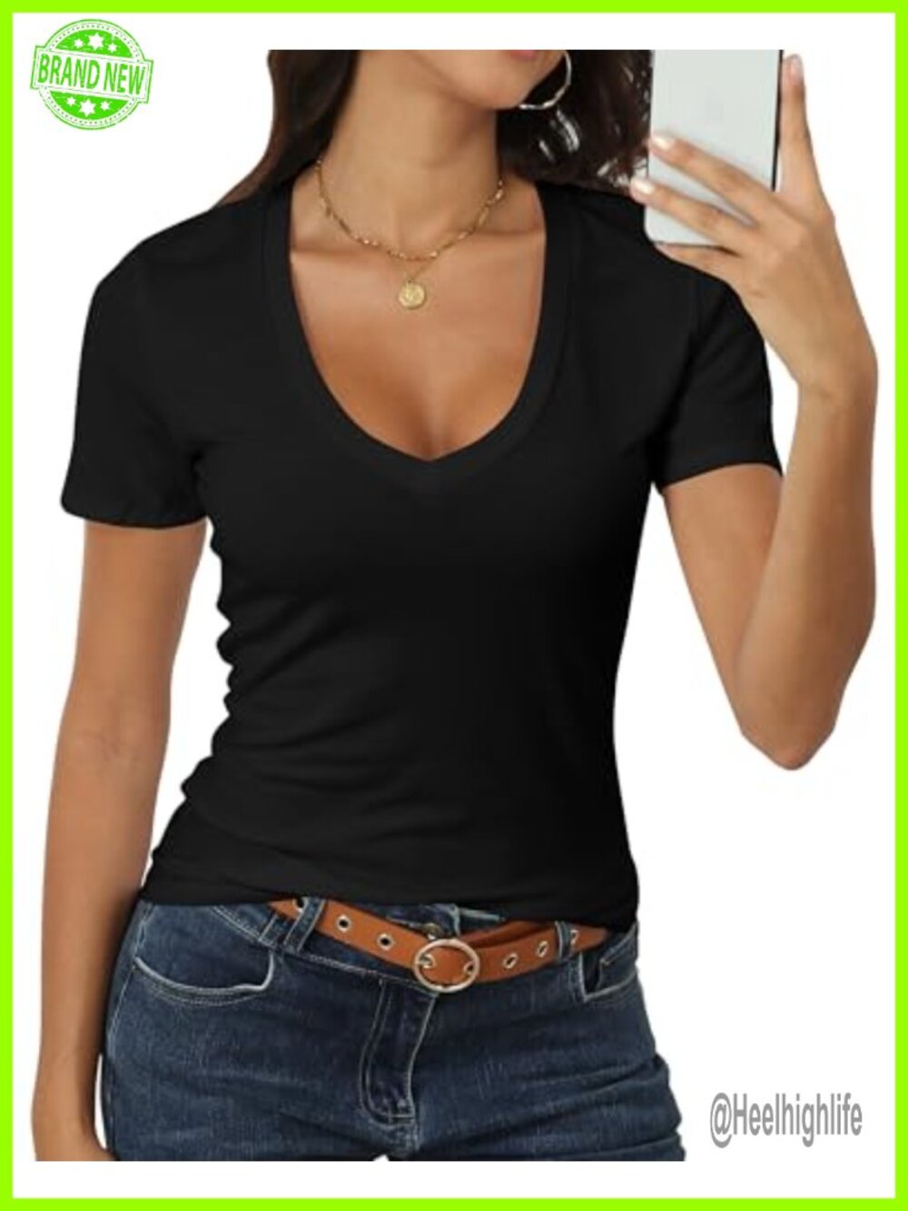 Roselux Women's Fitted Deep V Neck Short Sleeve Cotton Modal T-Shirt